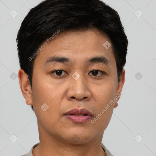 Neutral asian young-adult male with short  brown hair and brown eyes