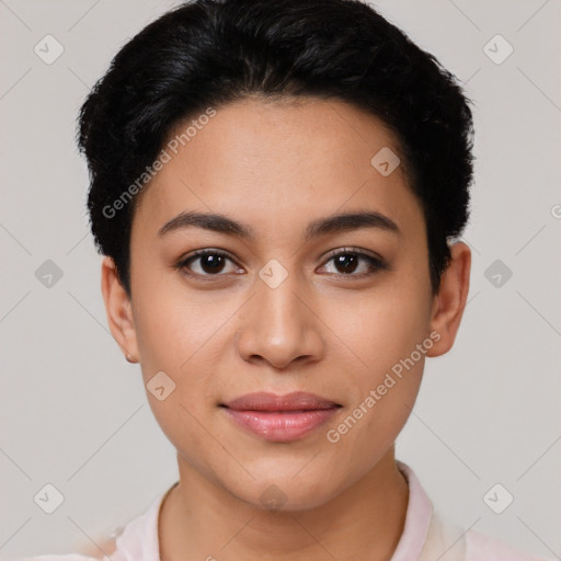 Joyful latino young-adult female with short  black hair and brown eyes