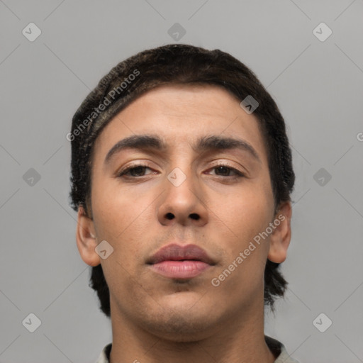 Neutral latino young-adult male with short  black hair and brown eyes