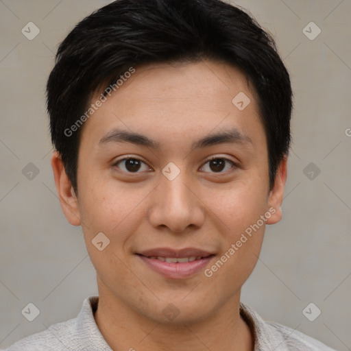 Joyful asian young-adult female with short  brown hair and brown eyes