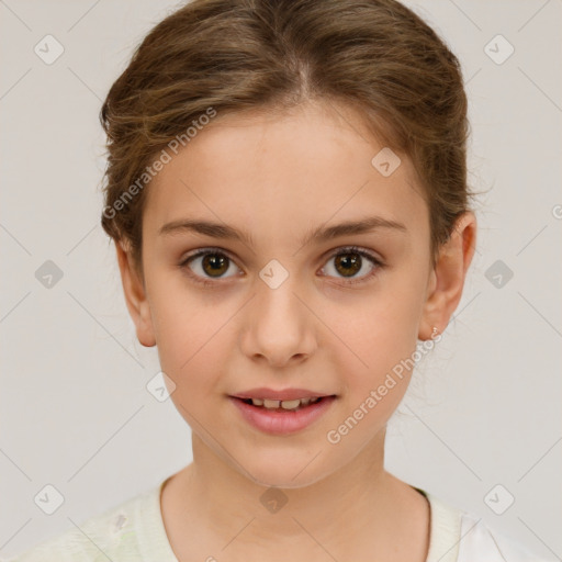 Joyful white child female with short  brown hair and brown eyes