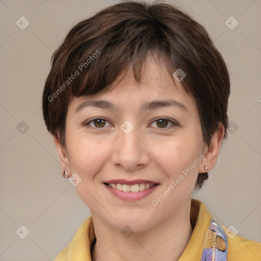 Joyful white young-adult female with medium  brown hair and brown eyes