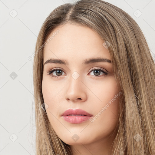 Neutral white young-adult female with long  brown hair and brown eyes