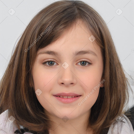 Joyful white child female with medium  brown hair and brown eyes