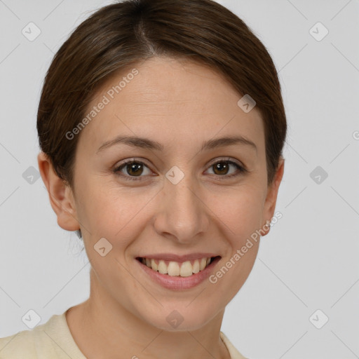 Joyful white young-adult female with short  brown hair and grey eyes