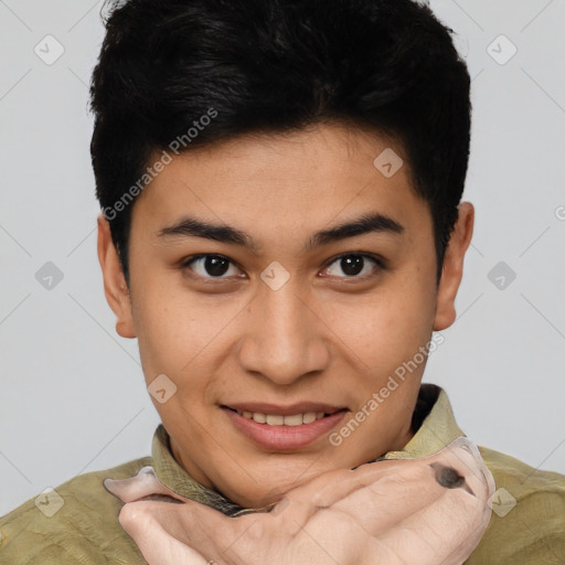 Joyful asian young-adult male with short  brown hair and brown eyes