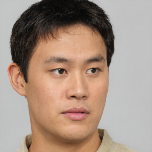 Neutral asian young-adult male with short  brown hair and brown eyes