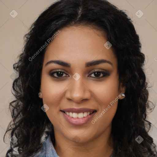 Joyful latino young-adult female with long  black hair and brown eyes