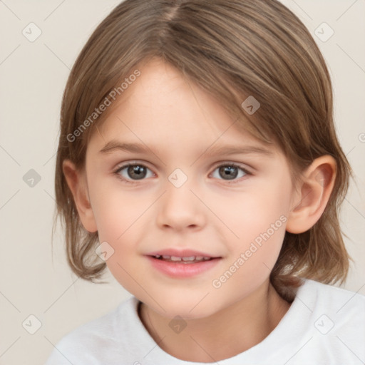 Joyful white child female with medium  brown hair and brown eyes