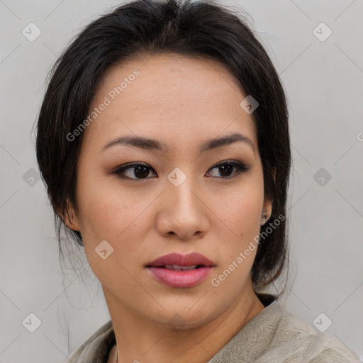 Neutral asian young-adult female with medium  brown hair and brown eyes