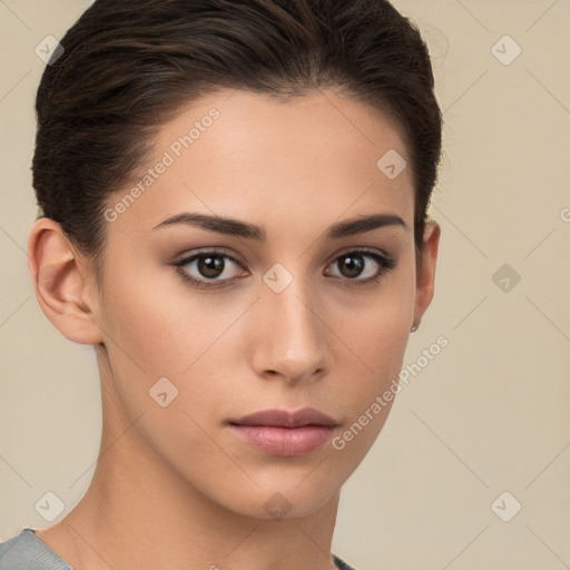 Neutral white young-adult female with short  brown hair and brown eyes