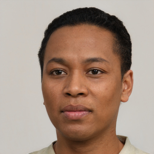 Neutral black young-adult male with short  black hair and brown eyes
