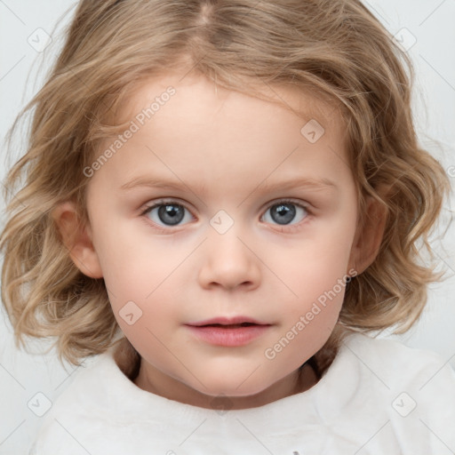 Neutral white child female with medium  brown hair and blue eyes