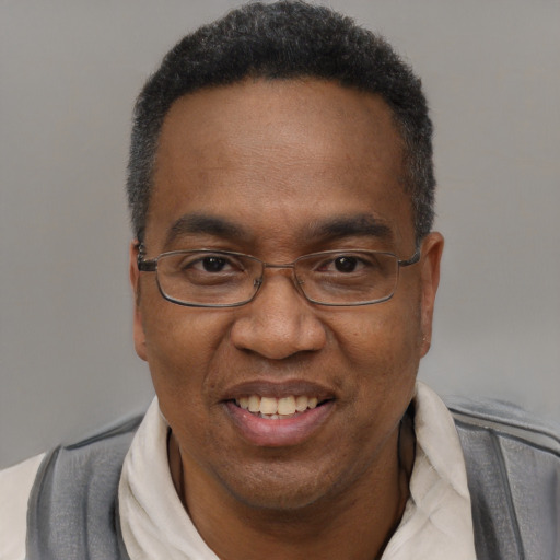 Joyful black adult male with short  black hair and brown eyes