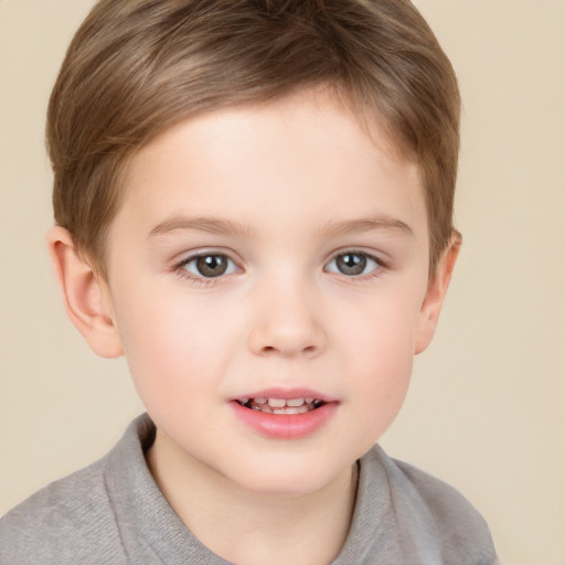 Joyful white child female with short  brown hair and brown eyes