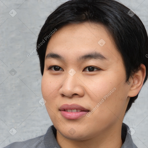 Joyful asian young-adult female with medium  black hair and brown eyes