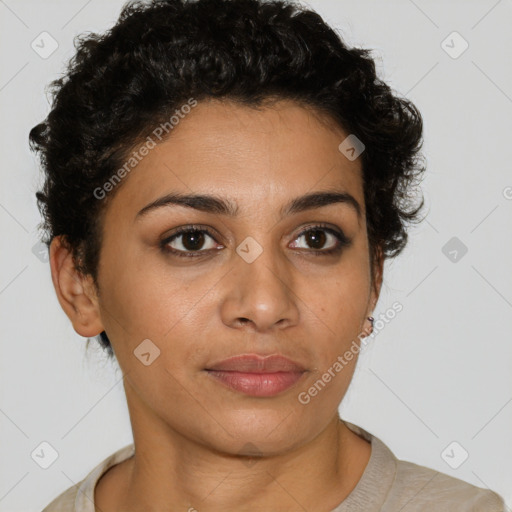 Joyful latino young-adult female with short  brown hair and brown eyes