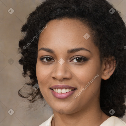 Joyful black young-adult female with medium  black hair and brown eyes