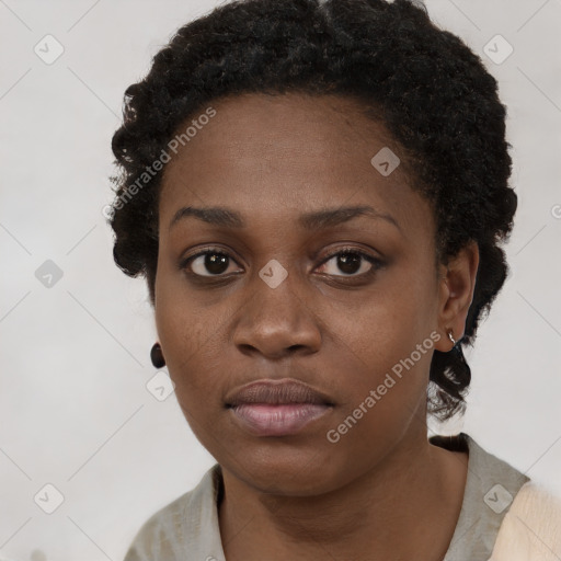 Neutral black young-adult female with short  black hair and brown eyes