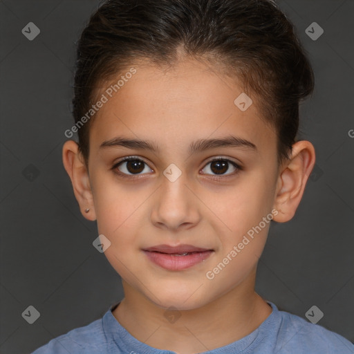 Joyful white child female with short  brown hair and brown eyes