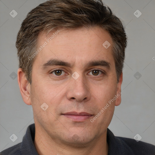 Neutral white adult male with short  brown hair and brown eyes