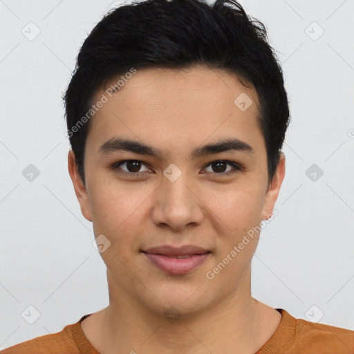 Joyful latino young-adult male with short  black hair and brown eyes