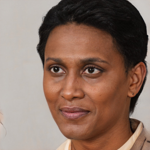 Joyful black adult female with short  black hair and brown eyes
