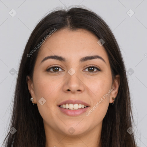 Joyful white young-adult female with long  brown hair and brown eyes