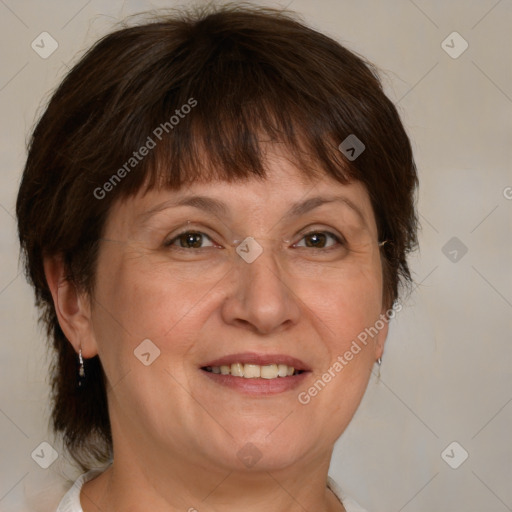 Joyful white adult female with medium  brown hair and brown eyes