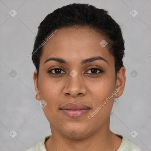 Joyful latino young-adult female with short  brown hair and brown eyes