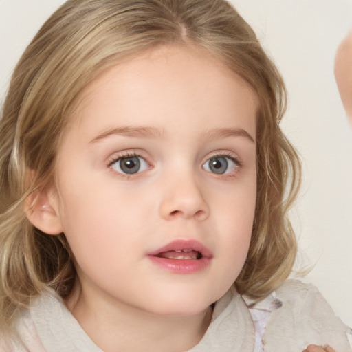 Neutral white child female with medium  brown hair and blue eyes