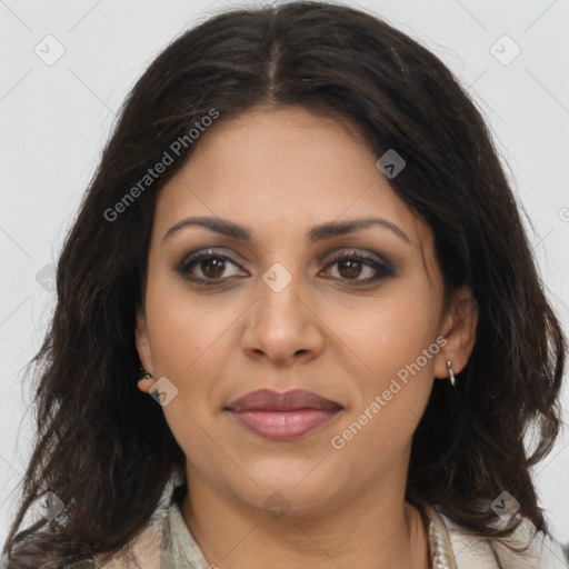 Joyful latino young-adult female with medium  brown hair and brown eyes