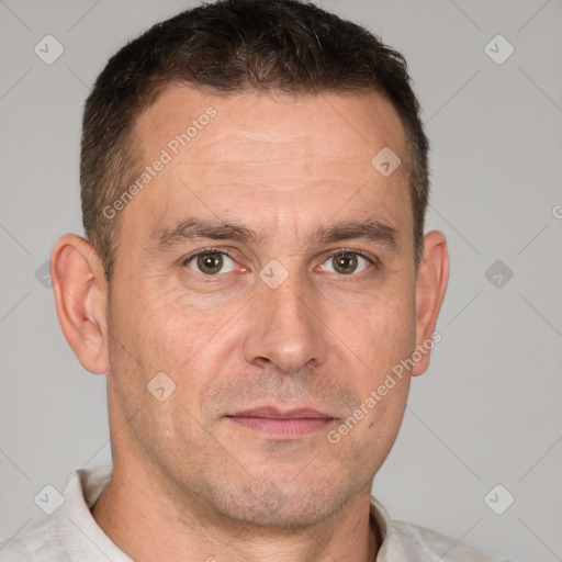 Neutral white adult male with short  brown hair and brown eyes