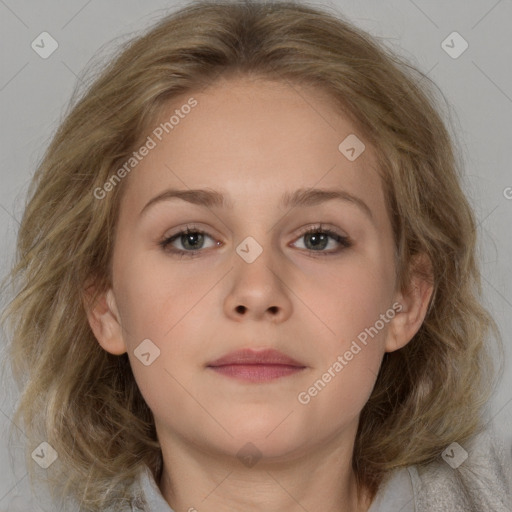 Neutral white young-adult female with medium  brown hair and brown eyes