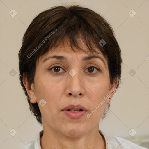 Neutral white adult female with medium  brown hair and brown eyes