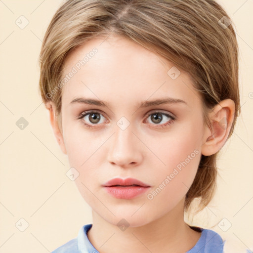 Neutral white young-adult female with medium  brown hair and grey eyes