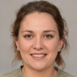 Joyful white adult female with medium  brown hair and grey eyes