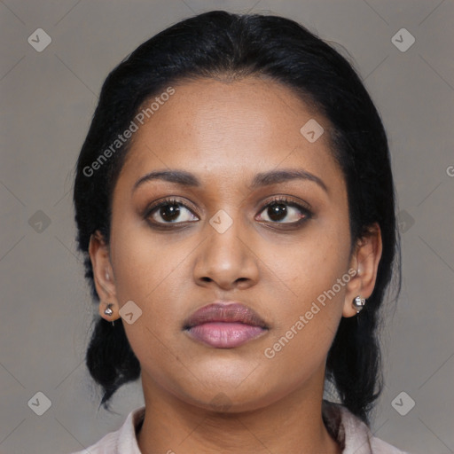 Neutral latino young-adult female with medium  black hair and brown eyes