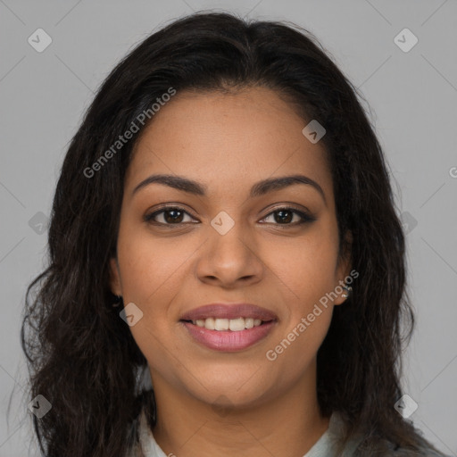 Joyful latino young-adult female with long  brown hair and brown eyes