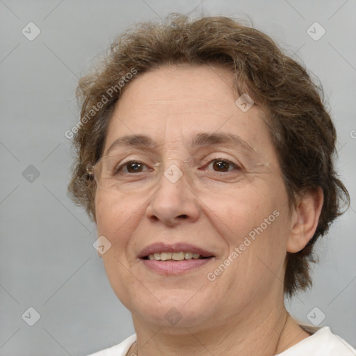 Joyful white middle-aged female with medium  brown hair and brown eyes