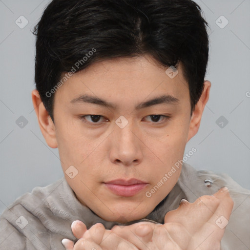 Neutral asian young-adult male with short  brown hair and brown eyes