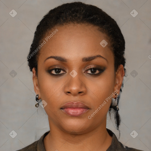 Neutral black young-adult female with short  black hair and brown eyes