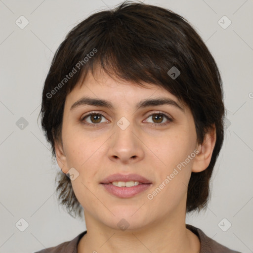 Joyful white young-adult female with medium  brown hair and brown eyes