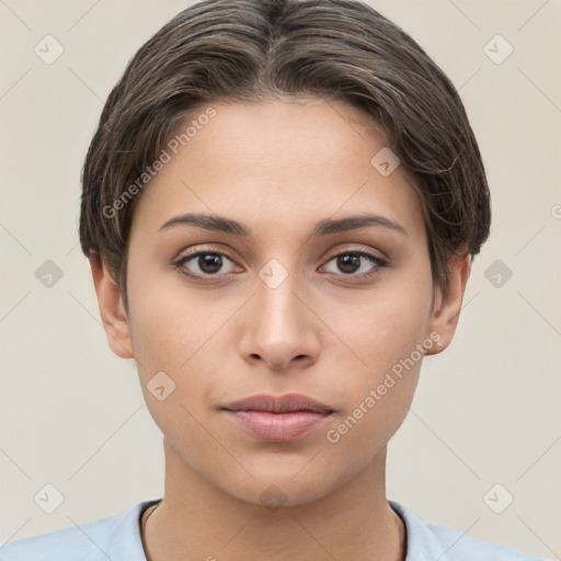 Neutral white young-adult female with short  brown hair and brown eyes