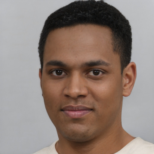 Neutral black young-adult male with short  black hair and brown eyes