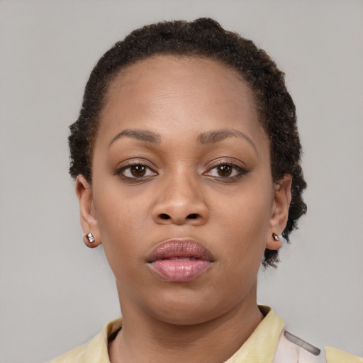 Neutral latino young-adult female with short  brown hair and brown eyes