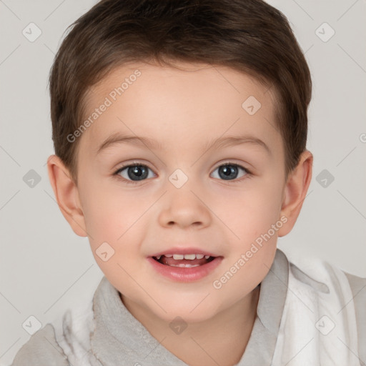 Joyful white child male with short  brown hair and brown eyes