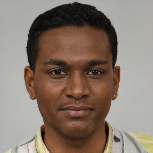 Neutral black young-adult male with short  black hair and brown eyes