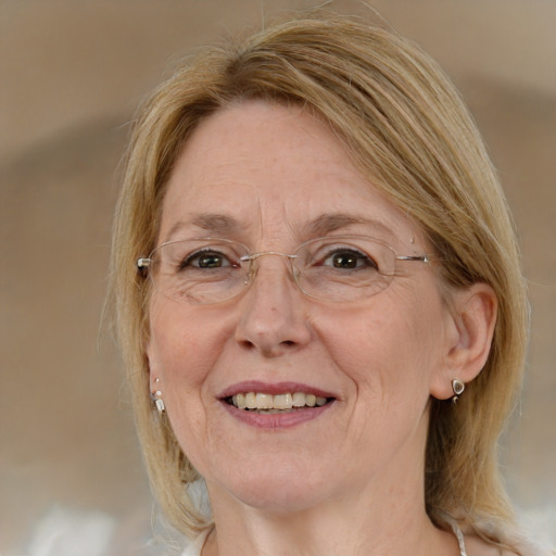 Joyful white adult female with medium  brown hair and blue eyes