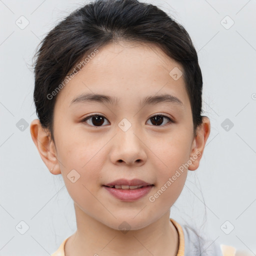Joyful white child female with short  brown hair and brown eyes